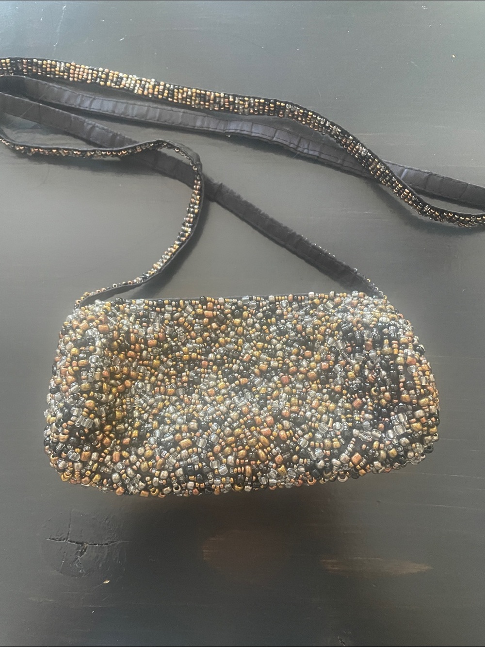 Small Vintage Beaded Black and Gold Evening Crossbody Bag